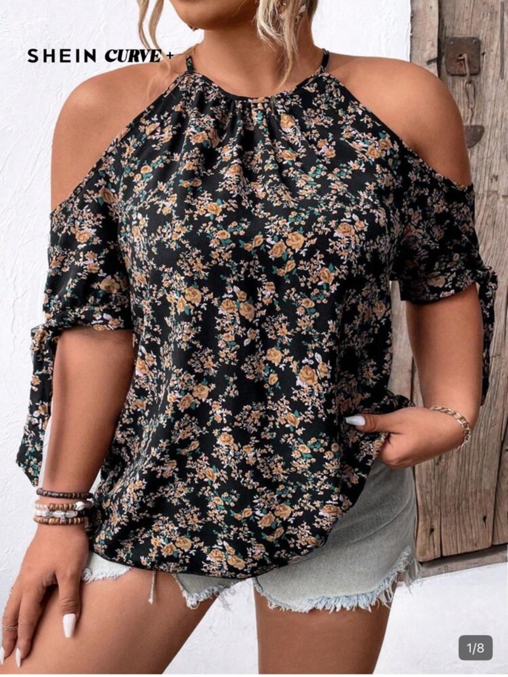 Black Floral Cold-Shoulder Halter-Style Blouse 24/26